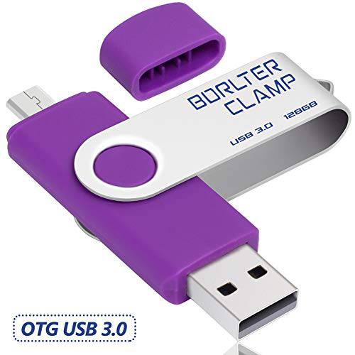 BorlterClamp 128GB USB 3.0 플래시드라이브 듀얼 Port 메모리 스틱, OTG 스위블 펜 드라이브 with Micro USB 드라이브 Port for 안드로이드 스마트폰 태블릿, 태블릿PC&  컴퓨터 (퍼플)