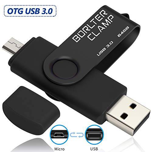 BorlterClamp 64GB USB 3.0 플래시드라이브 듀얼 Port 메모리 스틱, OTG 썸 드라이브 with Micro USB 드라이브 Port for 안드로이드 스마트폰 태블릿, 태블릿PC&  컴퓨터 (블랙)