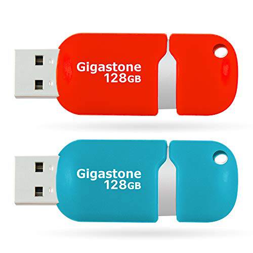 Gigastone V10 128GB 2-Pack USB2.0 플래시드라이브 128GB 플래시드라이브 썸 드라이브 메모리 스틱 펜 드라이브 Capless 접이식 Design (블루& 오렌지)