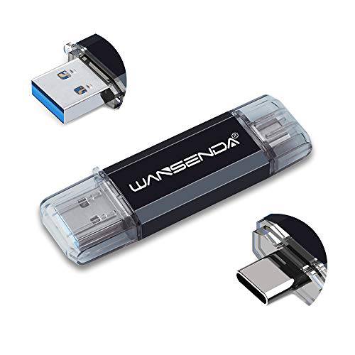 WANSENDA OTG 타입 C& USB 3.0/ 3.1 플래시드라이브 32GB 64GB 128GB 256GB 512GB USB 썸 드라이브 안드로이드 디바이스/ P C/ Mac (32GB, 블랙)