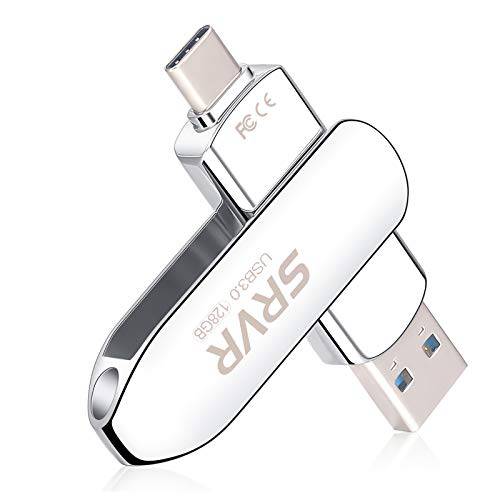USB C 플래시드라이브 128GB, SRVR  타입 C 플래시드라이브 2-in-1 듀얼 USB 3.0 플래시드라이브 고속 썸 드라이브 메탈 메모리 스틱 포토 스틱,막대 안드로이드 스마트폰,  맥북&  태블릿 (실버)