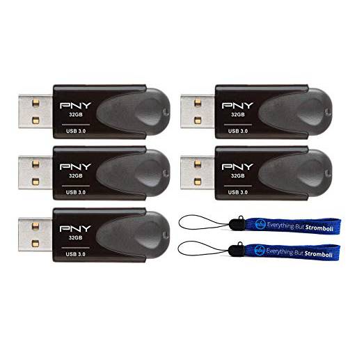 PNY 32GB USB 3.0 플래시드라이브 터보 Attache 4 (벌크, 대용량 5 팩) Works 컴퓨터 (P-FD32GTBAT4-GE) 번들,묶음 (2) Everything But 스트롬볼리 끈