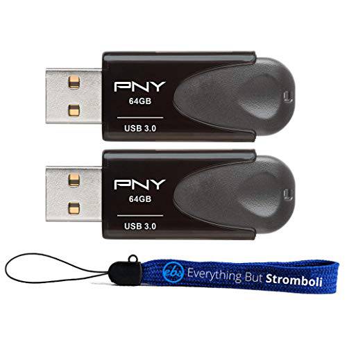 PNY 64GB 터보 Attache 4 USB 3.0 플래시드라이브 (벌크, 대용량 2 팩) 호환가능한 노트북 (P-FD64GTBAT4-GE) 번들,묶음 (1) Everything But 스트롬볼리 스트랩