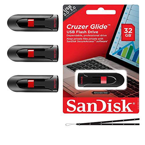 SanDisk Cruzer Glide 32GB (3 팩) SDCZ600-032G USB 3.0 플래시드라이브 점프 드라이브 펜 드라이브 SDCZ600-032G - 쓰리 팩+ VIPTECH 랜드야드