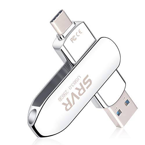 USB C 플래시드라이브 256GB, SRVR 타입 C 플래시드라이브 2-in-1 듀얼 USB 3.0 플래시드라이브 고속 OTG 썸 드라이브 메탈 메모리 스틱 포토 스틱,막대 안드로이드 스마트폰,  맥북&  태블릿 (실버)