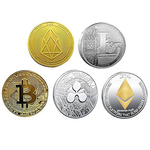 Neatbuddy 5PC Bitcoin 동전 보관함 피지컬 Cryptocurrency 선물 세트, Bitcoin (BTC), Ethereum (ETH), Litecoin(LTC), 리플 (XRP), Eos (EOS), 골드 and 실버 컬러