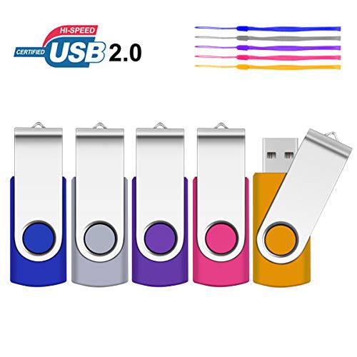 SRVR 5 팩 16GB USB 플래시드라이브, USB 2.0 썸 드라이브,  점프 드라이브 끈 메탈 스위블 USB 메모리 스틱 LED Indicator(5 컬러)