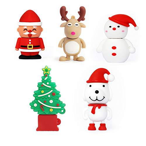 귀여운 USB 플래시드라이브 메모리 스틱 산타클로스,  크리스마스트리, Elk, 눈사람, 강아지 (팩 of 5 16GB)