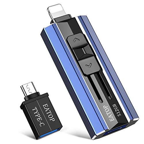 EATOP 4 in 1 USB 3.0 플래시드라이브 512GB 호환가능한 애플 아이폰 아이패드, USB 외장 스토리지 메모리 스틱 썸 드라이브 포토 스틱 호환가능한 애플 아이폰 아이패드 안드로이드 and PC (다크 블루)