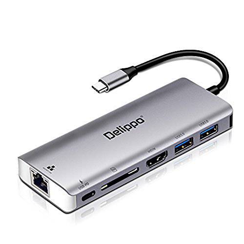 Delippo USB C 탈부착 허브 6 in 1 Dongles 랜포트 허브, 4K HDMI, 2 USB 3.0 Ports, USB C PD Port, SD 카드 리더,리더기, 1000M 기가비트 랜포트 Ports 다기능,멀티 어댑터 for 맥북, 델 and More 타입 c 디바이스