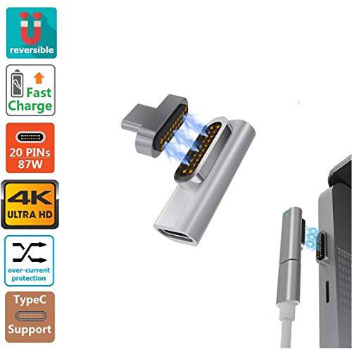 sunshot USB C 마그네틱,자석 충전 어댑터, 타입 C 86W 퀵 고속충전 커넥터 호환가능한 맥북, 맥북 프로, Mote Z 구글 Pixel 2/ 2XL, 삼성 S8/ N8 (실버)