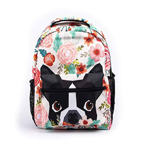보스턴 Terrier 강아지 Florals School 백팩 Colorful Flower Pug 책가방 Funny 플라워 Dogs Printed 캐쥬얼 백팩 Student 백팩 for 학생 여행용 Hiking Camping 데이팩