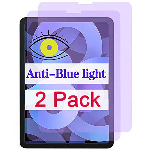 2 팩 Bluelight Blocked 호환가능한 아이패드 에어 4 화면보호필름, 액정보호필름 2020 10.9 인치 Air4 보호 강화유리 9H 강도 HD 클리어 필름 안티 블루라이트