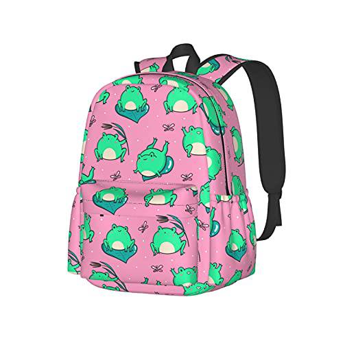 KiuLoam 17 인치 백팩 귀여운 그린 개구리 On 핑크 노트북 백팩 숄더 백 학교 책가방 캐쥬얼 데이팩