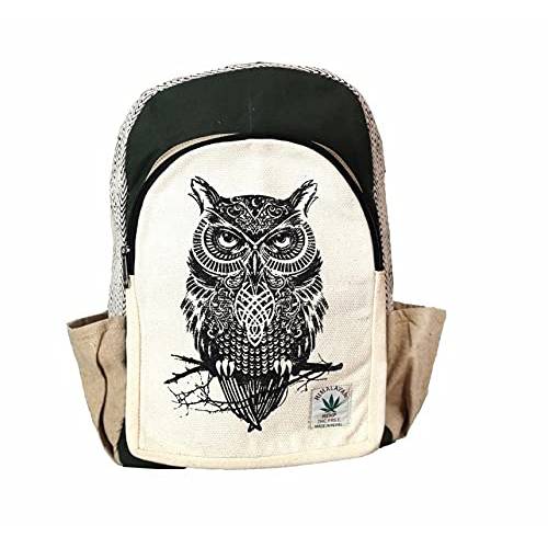 Vibranic 햄프 노트북 백팩 모든 내츄럴 핸드메이드 멀티 포켓 - Owl 프린트 BG