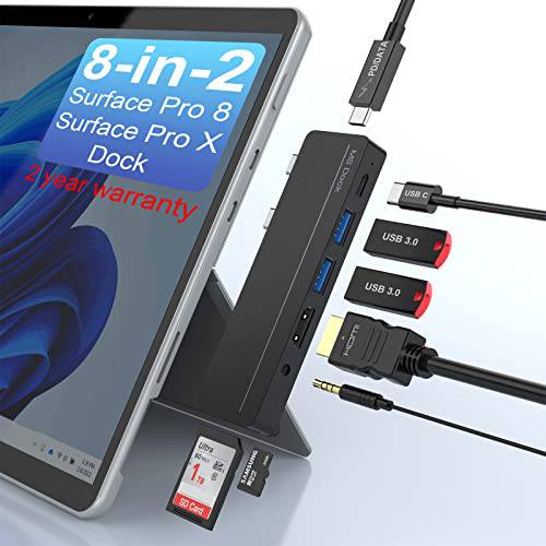 8-in-2 서피스 프로 8 탈부착 스테이션, 서피스 프로 8 허브 4K HDMI, 100W USB-CThunerbolt 4 (디스플레이+ 데이터+ PD 충전), USB C(Data), 오디오, 2*USB 3.0, TF/ SD 카드 마이크로소프트 서피스 프로 8/ X