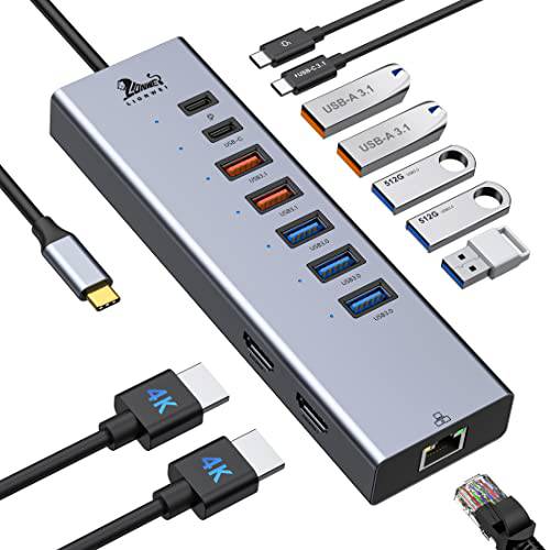 USB C 탈부착 스테이션 듀얼 모니터, 10 in 1 노트북 탈부착 스테이션 USB C 허브 듀얼 HDMI 어댑터 동글 기가비트 이더넷, 2 USB 3.1 10Gbps, 3 USB 3.0, USB C 데이터 and PD Dell/ HP/ 레노버/ 맥북