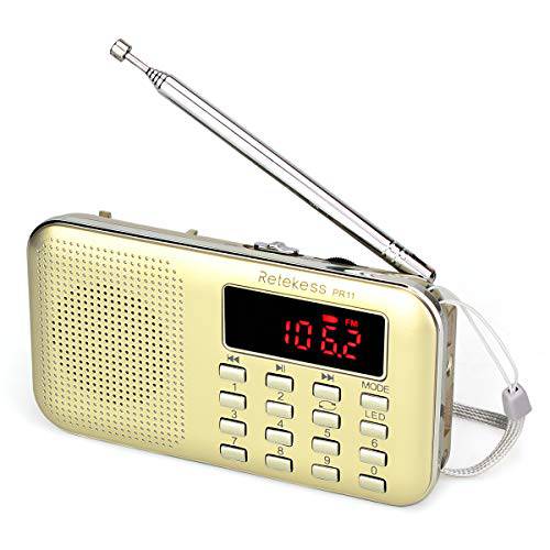 Retekess PR11 AM FM 라디오 휴대용, 충전식 트랜지스터 라디오 스몰 헤드폰 잭, MP3 음악 플레이어 스피커 지원 TF USB AUX 포트 (골드)