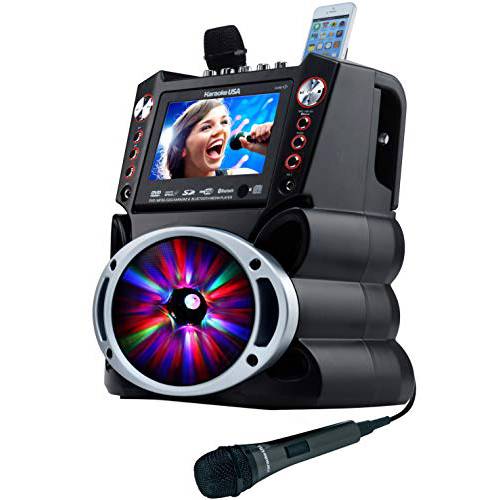 Karaoke USA GF845 Complete 노래방 시스템 2 마이크,  리모컨, 원격, 7” 컬러 디스플레이, LED 라이트 - works DVD, 블루투스, CD, MP3 and 모든 디바이스