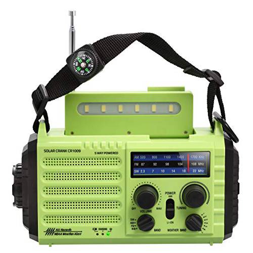 휴대용 응급시 태양광 핸드 크랭크 라디오, 5-way 전원 AM/ FM/ SW/ NOAA 날씨 경보 라디오,  보조배터리, 파워뱅크 폰 충전, SOS 큰소리 알람/ LED 플래시라이트,조명/ 독서 램프/ 나침반 캠핑 여행 홈