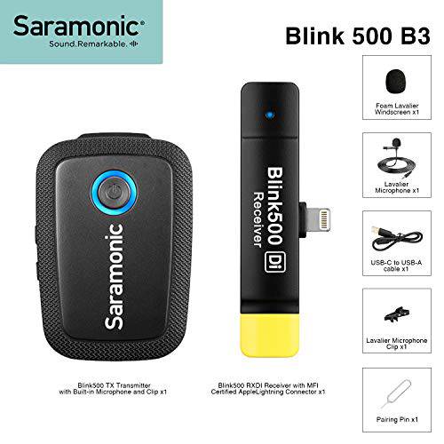 Saramonic Blink500 B3 무선 라발리에 마이크,마이크로폰 시스템 Built-in 마이크,마이크로폰 송신기 Dual-Channel MFi 인증된 애플 라이트닝 커넥터 블루투스리시버 아이폰 아이패드
