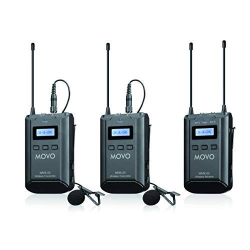 Movo WMX-20-DUO 48-Channel UHF 무선 라발리에 마이크,마이크로폰 시스템 1 블루투스리시버, 2 Transmitters, and 2 라펠 마이크 호환가능한 DSLR 카메라 (330’ ft 오디오 레인지)