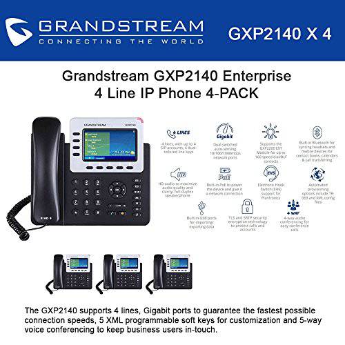 Grandstream GXP2140 4-Line IP 폰, 4.3 LCD, PoE, 블루투스. 번들,묶음 of 4