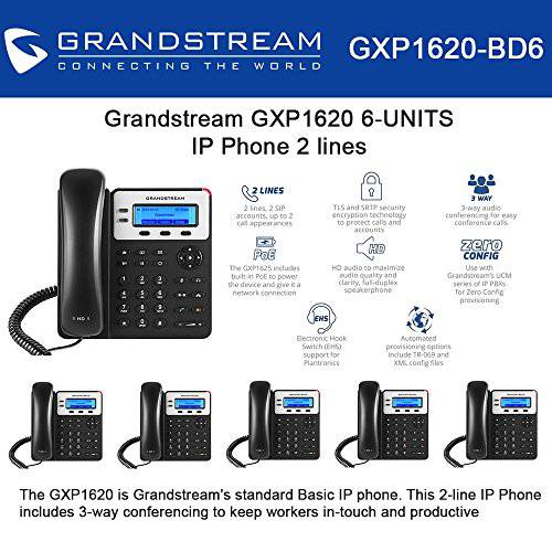 Grandstream GXP1620, 2 SIP acct., SMB IP 폰 3-way, Multi-language 번들,묶음 of 6