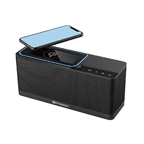 Emerson Radio ER-BTW100 휴대용 블루투스 스피커, 20W 스테레오 QI 무선 충전, 핸드 프리 통화, 추가 USB 충전, 블랙