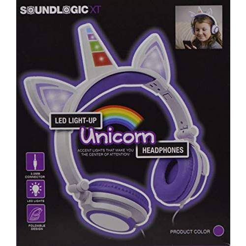 프리미엄 LED 라이트 Up 야광 Unicorn Over The 이어 편안한 패디드 스테레오 헤드폰,헤드셋 AUX 케이블 | 이어폰 선물 (퍼플)