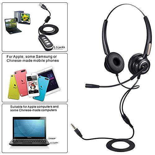 USB 헤드폰,헤드셋 or 3.5mm 컴퓨터 헤드폰 노이즈캔슬링, 노캔 and Hands-Free 마이크, PChero  스테레오 유선 헤드폰,헤드셋 PC 핸드폰 태블릿, 태블릿PC - 바이뉴럴