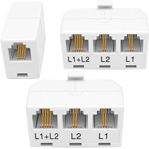 NECABLES (2+ 1Pack) 2pcs 전화 분배기 2 라인 어댑터 1 Male to 3 Females (L1, L2, L1+ L2) and 1pc 전화 인라인 연장기,커플러 화이트