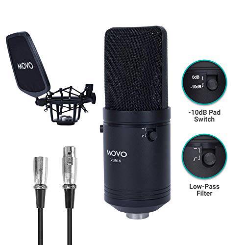 Movo VSM-5 라지 다이어프램 XLR 스튜디오 카디오이드 콘덴서 마이크,마이크로폰 충격 마운트, 팝 필터, and XLR 케이블 - Ideal 마이크 Vocals, Podcasting, 스트리밍, 방송, ASMR, and More