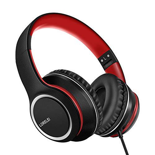 LORELEI X8 Over-Ear 유선 헤드폰,헤드셋 마이크,마이크로폰 1.45m-Tangle-Free 나일론 라인& 3.5mm 플러그, 경량 폴더블&  휴대용 헤드폰,헤드셋 스마트폰, 태블릿, 태블릿PC, 컴퓨터, Mp3/ 4(Black-red)