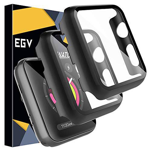 EGV 2 팩 강화유리 케이스 호환가능한 애플 워치 시리즈 3/  시리즈 2/  시리즈 1 38mm, 애플워치 38mm 화면보호필름, 액정보호필름 커버, 모든 어라운드 하드 PC 보호 케이스 - 블랙
