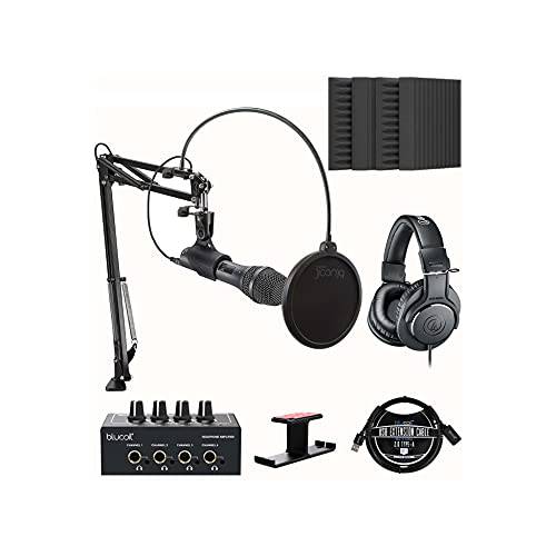 Audio-Technica AT2005USBPK 스트리밍/ Podcasting 팩 번들,묶음 Blucoil 4x 12 어쿠스틱 웨지, 4-Channel 헤드폰 앰프, 3’ USB 연장 케이블, 팝 필터, and 알루미늄 헤드폰 후크