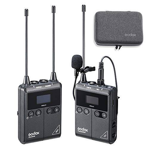 GODOX WMicS1 kit1 무선 라발리에 마이크,마이크로폰 시스템 원 송신기 and 원 리시버, Real-time 오디오 모니터, UHF 96 채널, HD OLED 디스플레이 미러리스/ DSLR 카메라 (514 to 596 Mhz)
