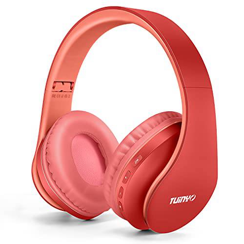 TUINYO 무선 헤드폰,헤드셋 오버이어, 블루투스 헤드폰,헤드셋 마이크,마이크로폰, 폴더블 스테레오 무선 Headset-Red