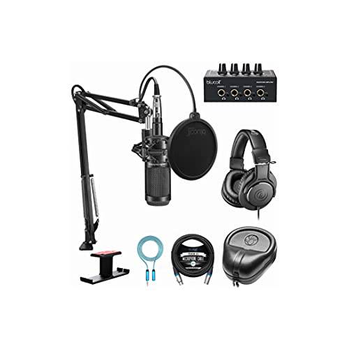 Audio-Technica AT2035PK 스트리밍/ Podcasting 팩 번들,묶음 Blucoil 휴대용 헤드폰 앰프, 팝 필터, 6’ 3.5mm 연장 케이블, Full-Sized 헤드폰 케이스, 10’ XLR 케이블 and 알루미늄 Headph
