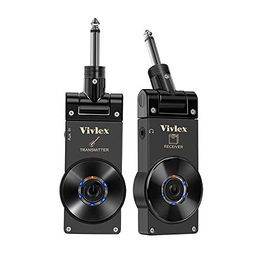 Vivlex 무선 기타 시스템 기타 송신기 리시버 세트 2.4GHz 6 채널 무선 오디오 시스템  일렉기타 베이스 바이올린 키보드,  빌트인 충전식 배터리, 8 시간 Working 타임