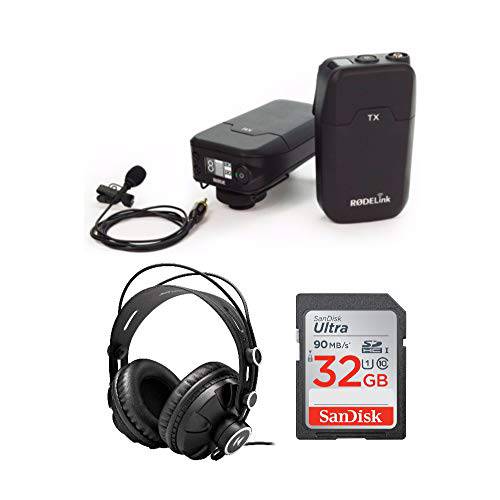 로데 RodeLink FM 무선 Filmmaker 시스템 and 라발리에 마이크,마이크로폰 번들,묶음 Knox 기어 Closed-Back 스튜디오 모니터 헤드폰,헤드셋 and 32GB SD 카드 (3 아이템)