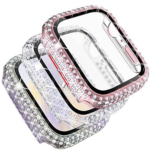 Fullife 3-Pack 크리스탈 다이아몬드 Bling 케이스 호환가능한 애플 워치 42mm 보호 범퍼  강화유리 보호 애플워치 시리즈 6 5 4 3 2 1 SE, 핑크/ 레인보우/ 클리어