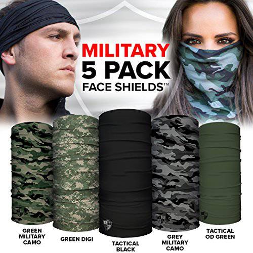 S A Face Shield for Men and Face Shield for Women Military Camo 5 Pack of Multipurpose UV ? Worn 12+ Ways as Head Wrap, Neck Gaiter, Headband, Face Shield, Bandana, Balaclava Life Time Warranty