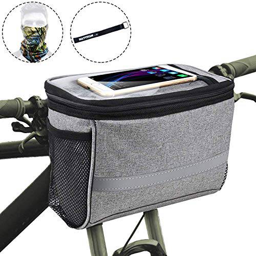 Bike Handlebar Bag, Bike Basket with | 2 Mesh Pockets - Cold & Warm Insulation - Reflective Stripe - Touchable Transparent Phone Pouch | Bicycle Front Bag, Bike Pouch for Cycling, Women, Cruisers
