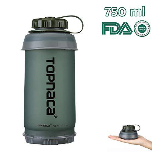 Topnaca Collapsible Hiking Water Bottle, 750ml 25oz BPA Free Flexible Foldable Reusable Lightweight Compact Portable for Camping Backpacking Climbing Travel Outdoor Activities (Green/Grey)