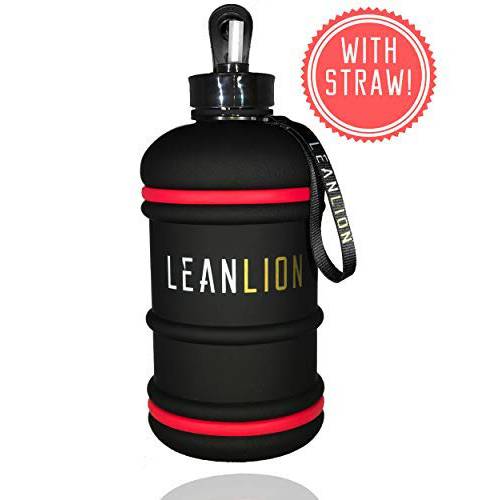 Lean Lion Fitness Water Jug with Straw | Perfect for Gym | Hydrojug | Bodybuilding | Fitness | Premium Quality | 1/2 Gallon | BPA Free | Matte Black