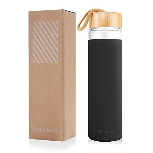 BELANKO Water Bottle, Glass Water Bottle 20oz with Silicone Protective Sleeve and Bamboo Lid - BPA Free