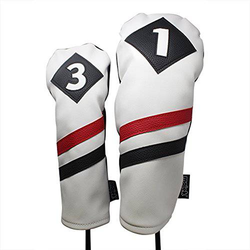 Majek Retro Golf Headcovers White Red and Black Vintage Leather Style 1 & 3 Driver and Fairway Head Cover Fits 460cc Drivers Classic Look