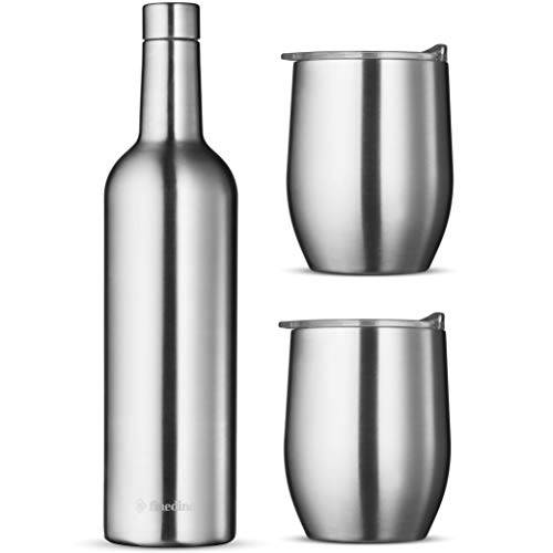 와인 Chiller 선물 세트 - 진공 보온,보냉 와인 병 750ml&  2 와인 텀블러 뚜껑 16oz. Made of 파편 방지 18/ 8 스테인레스 스틸& BPA 프리 뚜껑, Perfect 와인 글라스 여행용, 피크닉, etc.