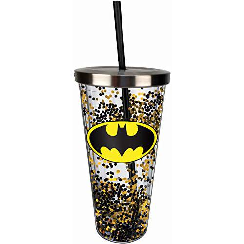 Spoontiques  배트맨 로고 글리터, 빤짝이 컵 w/ 빨대, 원 사이즈,  블랙&  골드